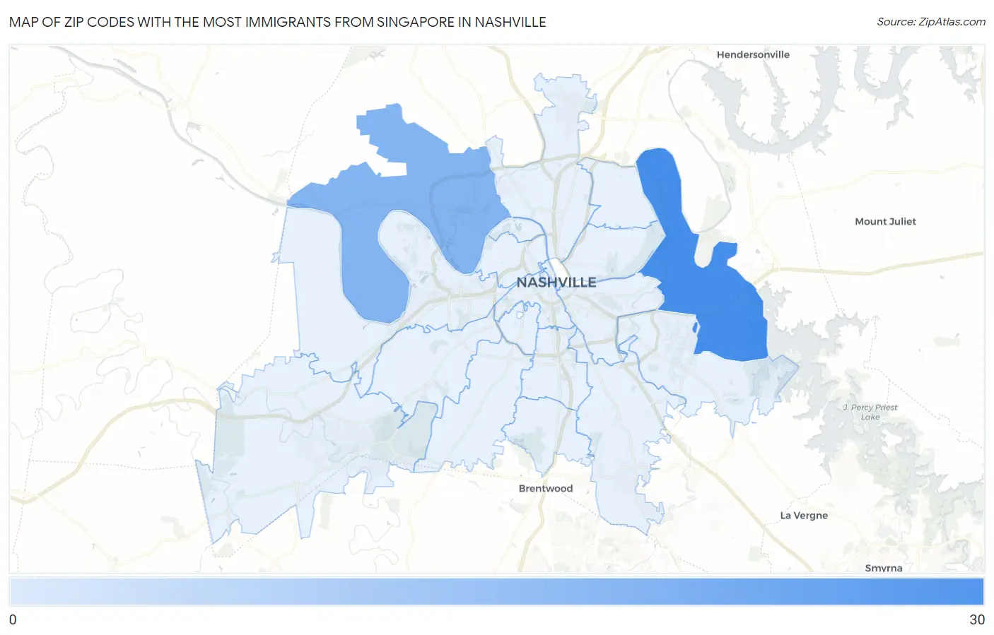 Zip Codes with the Most Immigrants from Singapore in Nashville Map