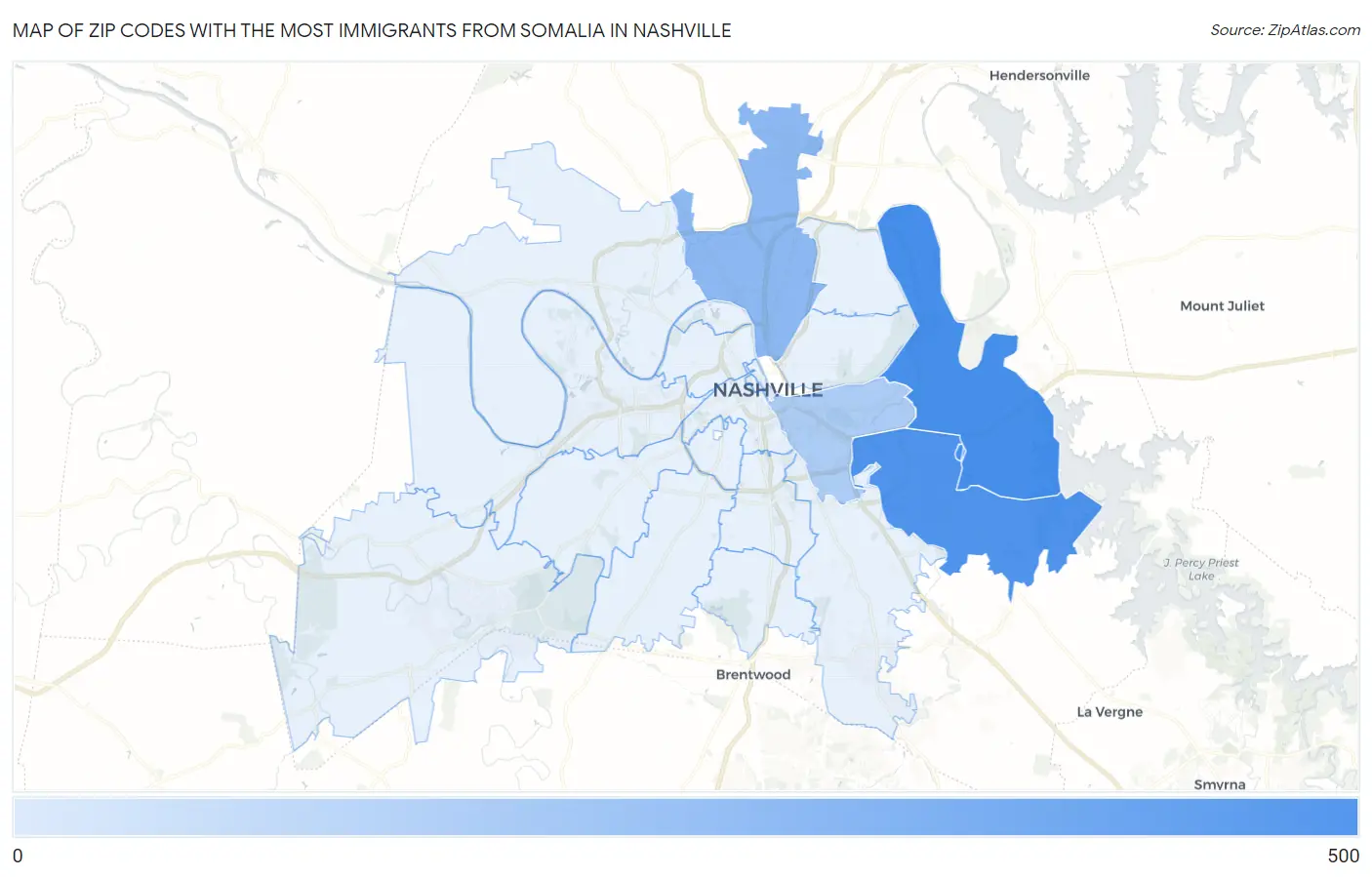 Zip Codes with the Most Immigrants from Somalia in Nashville Map