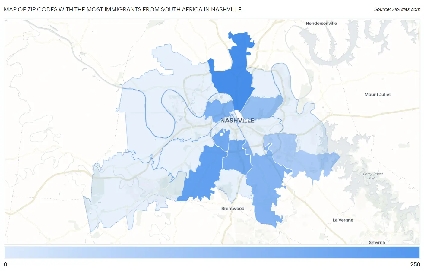 Zip Codes with the Most Immigrants from South Africa in Nashville Map