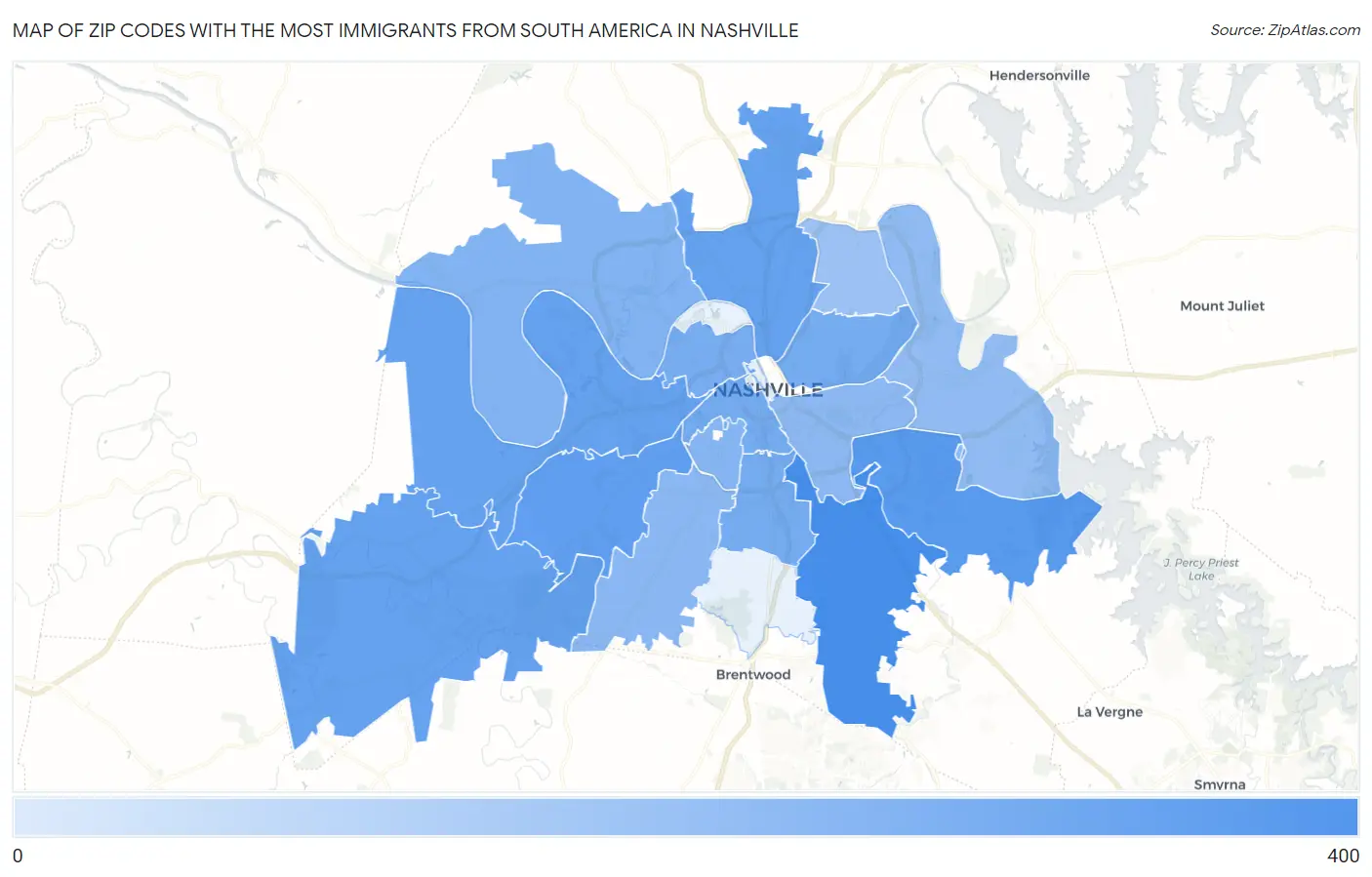 Zip Codes with the Most Immigrants from South America in Nashville Map