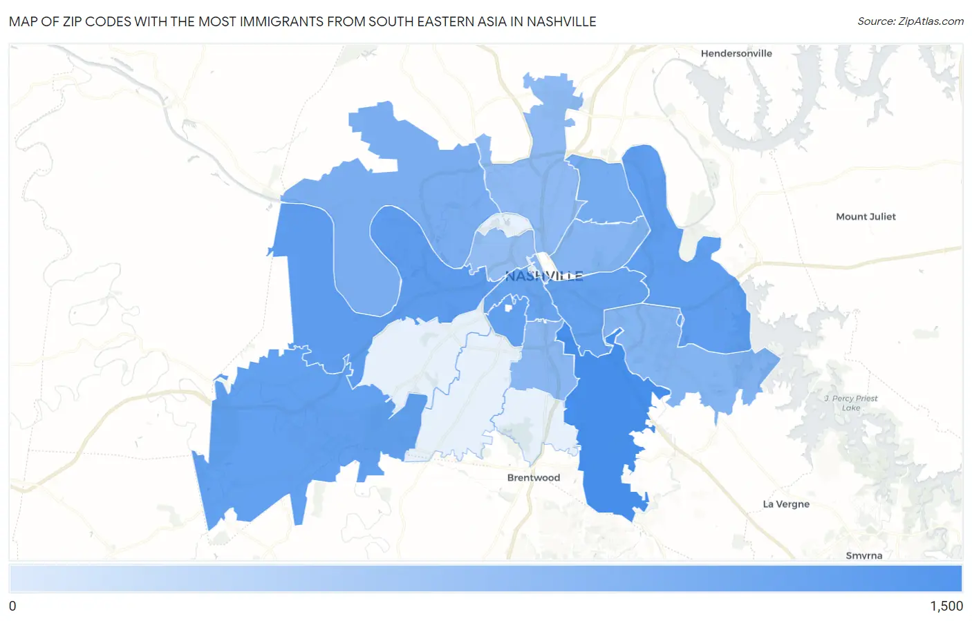Zip Codes with the Most Immigrants from South Eastern Asia in Nashville Map