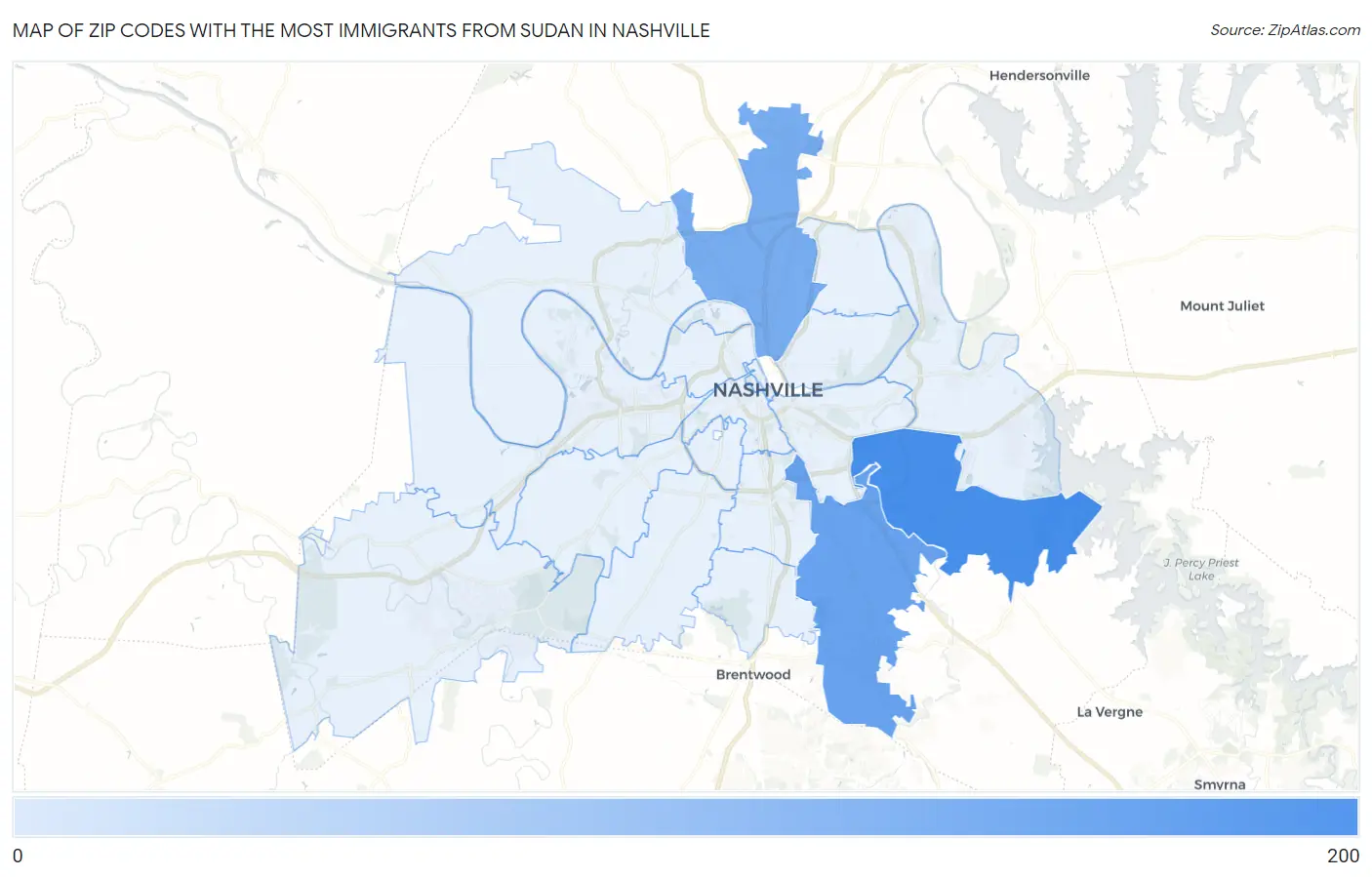 Zip Codes with the Most Immigrants from Sudan in Nashville Map