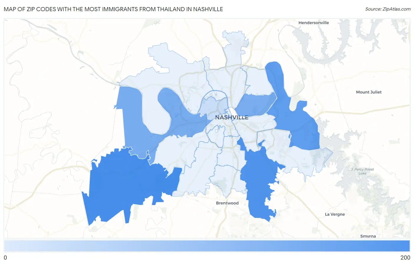 Zip Codes with the Most Immigrants from Thailand in Nashville Map