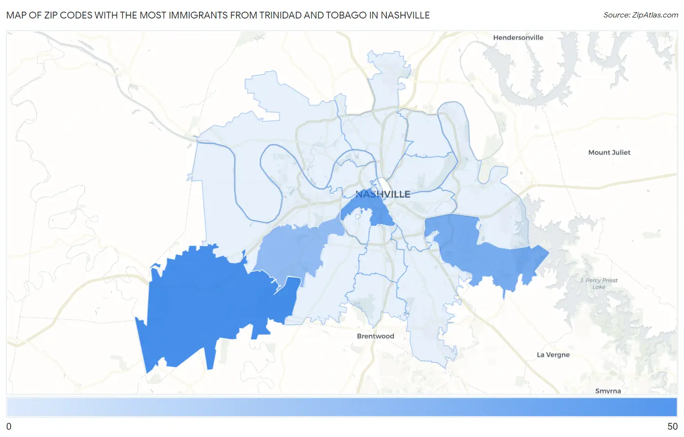 Zip Codes with the Most Immigrants from Trinidad and Tobago in Nashville Map