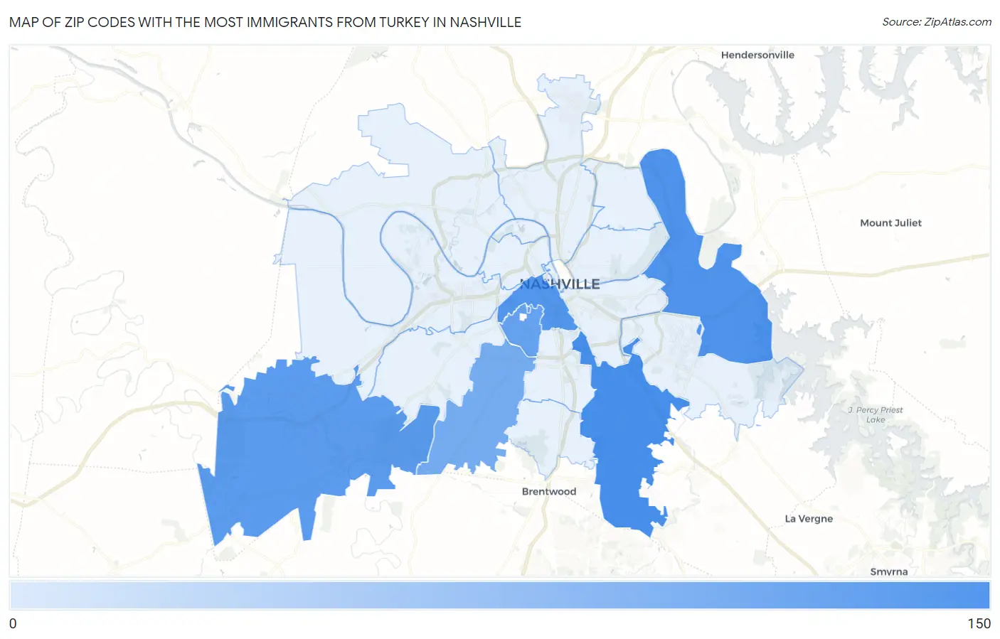 Zip Codes with the Most Immigrants from Turkey in Nashville Map