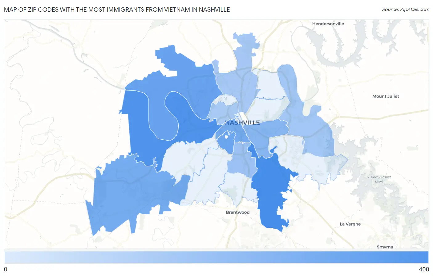 Zip Codes with the Most Immigrants from Vietnam in Nashville Map