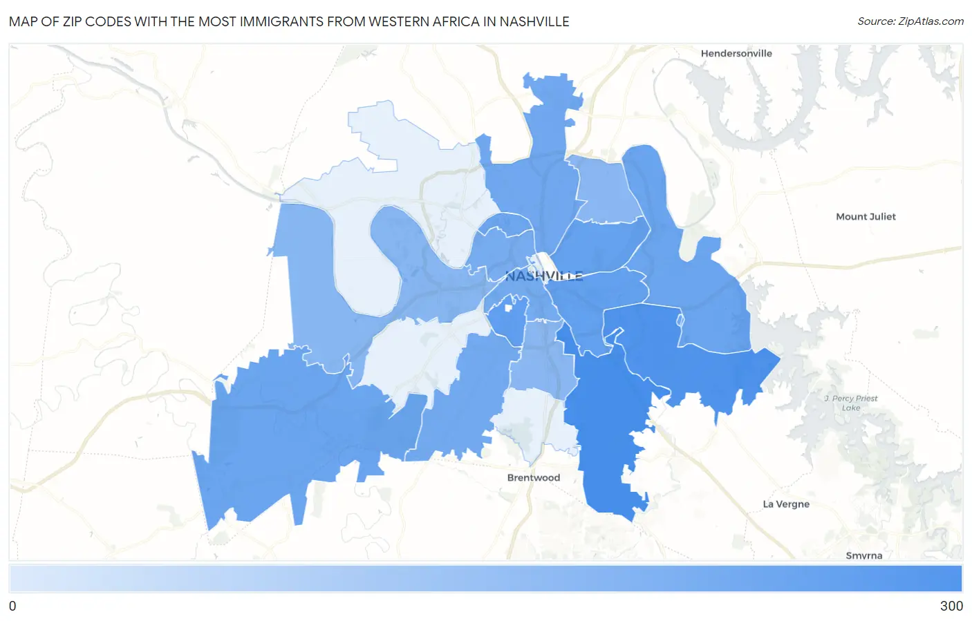 Zip Codes with the Most Immigrants from Western Africa in Nashville Map
