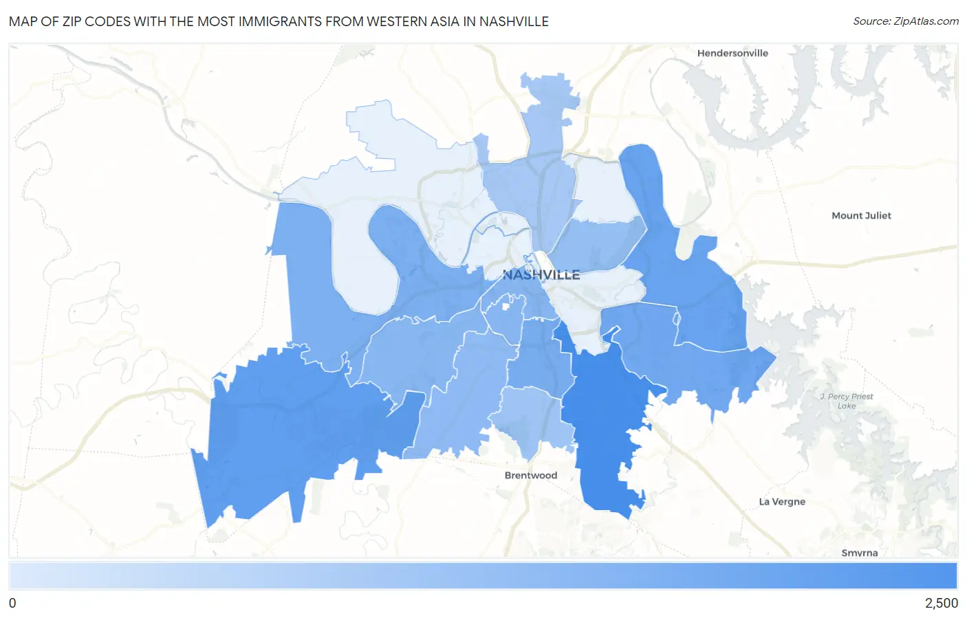 Zip Codes with the Most Immigrants from Western Asia in Nashville Map