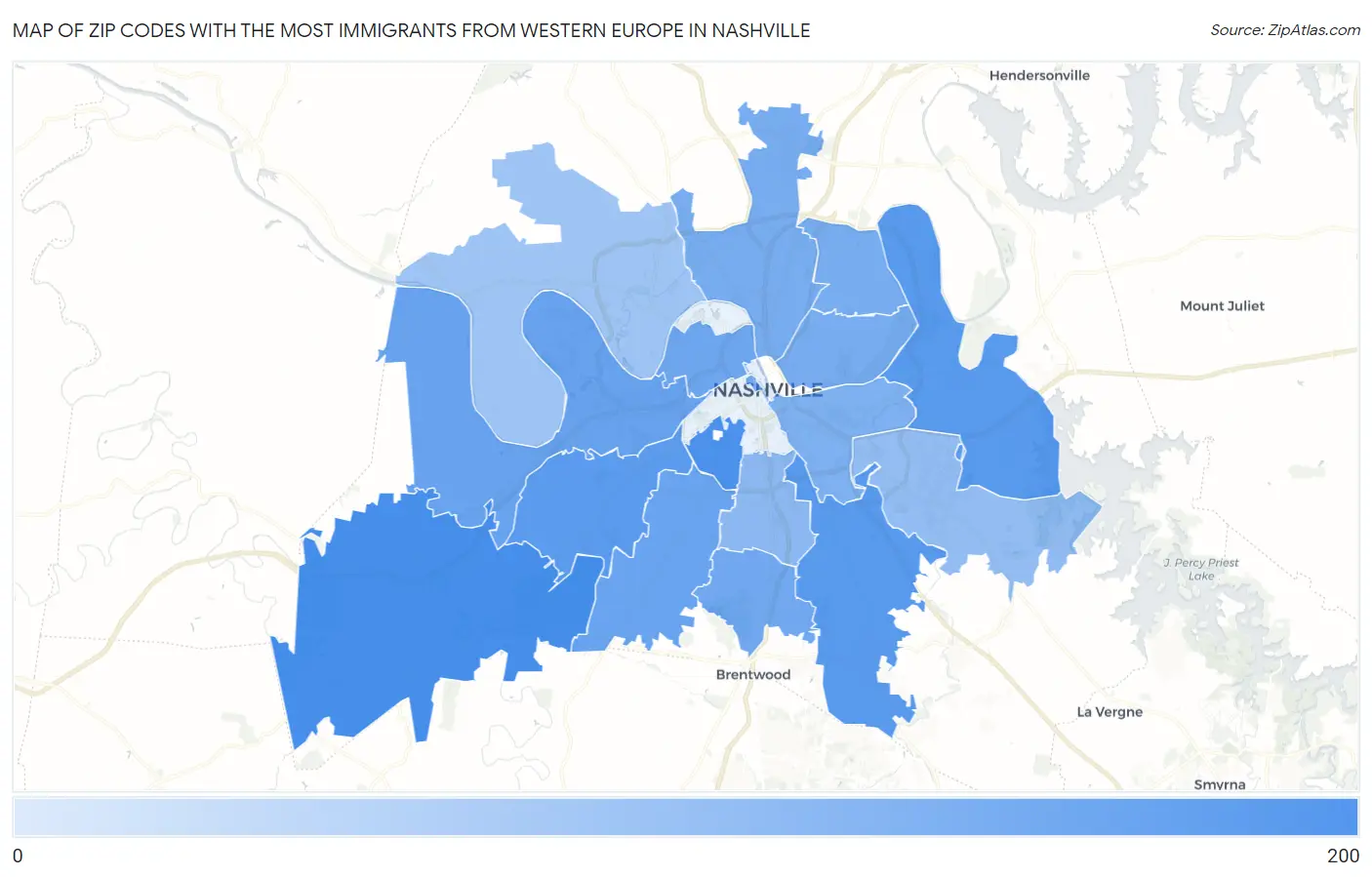 Zip Codes with the Most Immigrants from Western Europe in Nashville Map
