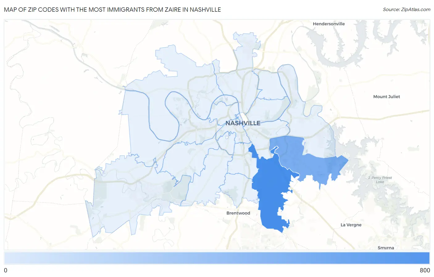 Zip Codes with the Most Immigrants from Zaire in Nashville Map