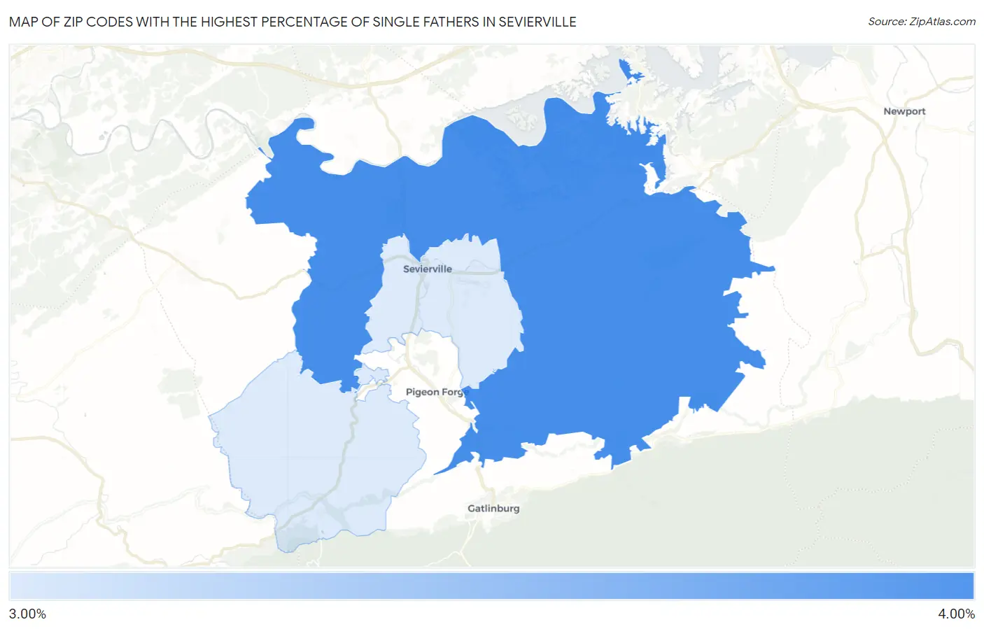 Zip Codes with the Highest Percentage of Single Fathers in Sevierville Map