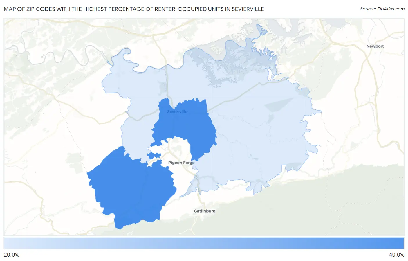 Zip Codes with the Highest Percentage of Renter-Occupied Units in Sevierville Map