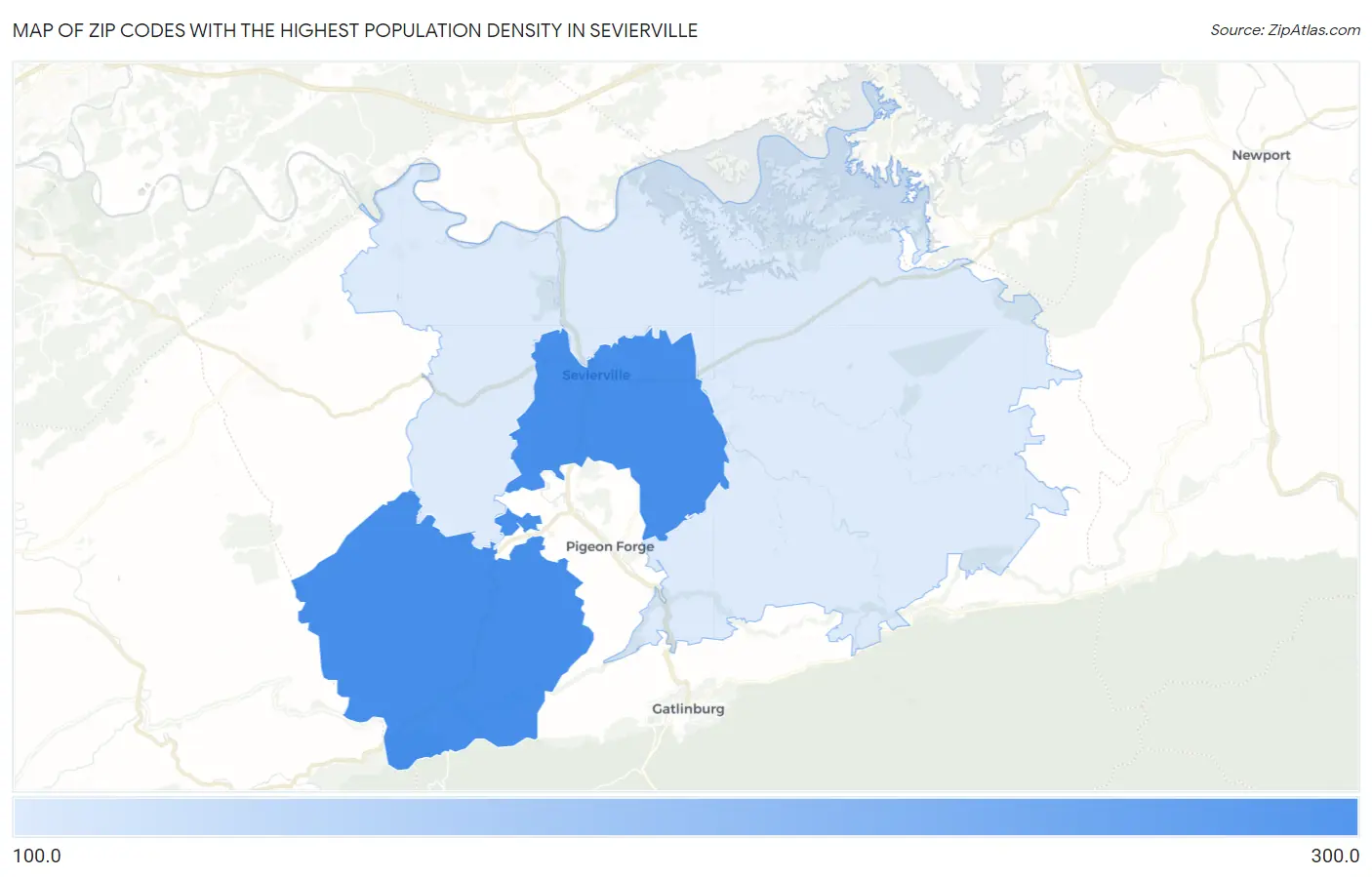 Zip Codes with the Highest Population Density in Sevierville Map