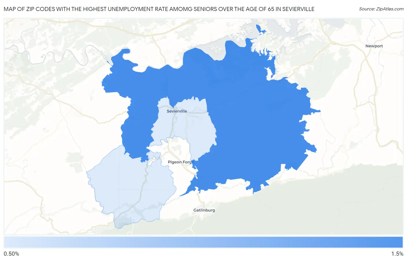 Zip Codes with the Highest Unemployment Rate Amomg Seniors Over the Age of 65 in Sevierville Map