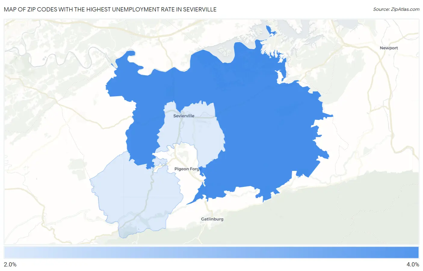 Zip Codes with the Highest Unemployment Rate in Sevierville Map
