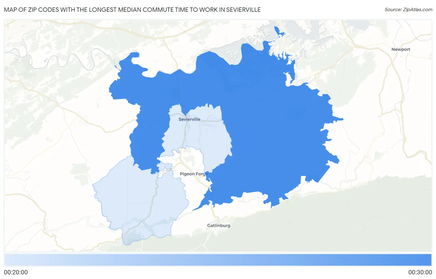 Zip Codes with the Longest Median Commute Time to Work in Sevierville Map