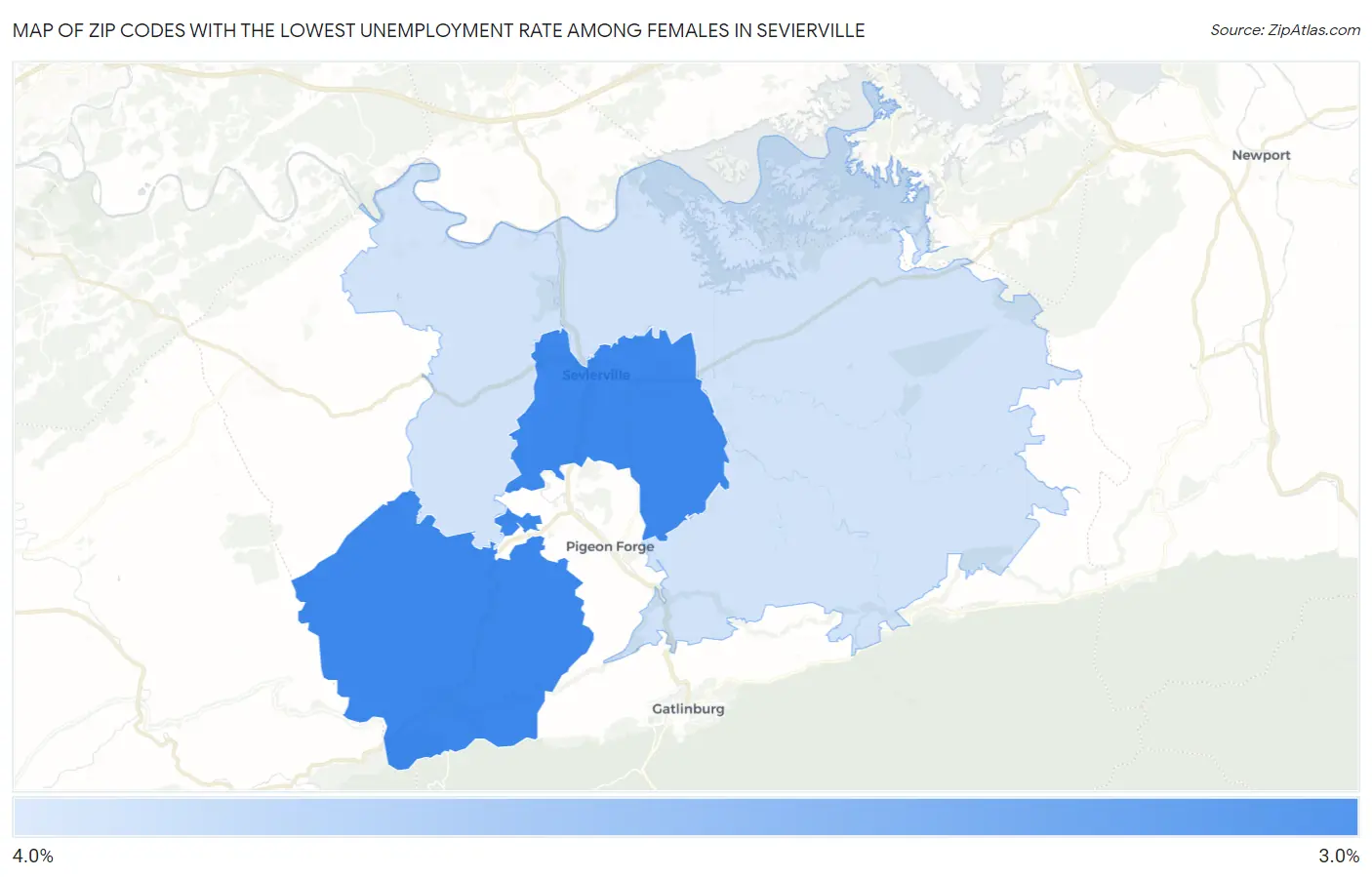 Zip Codes with the Lowest Unemployment Rate Among Females in Sevierville Map