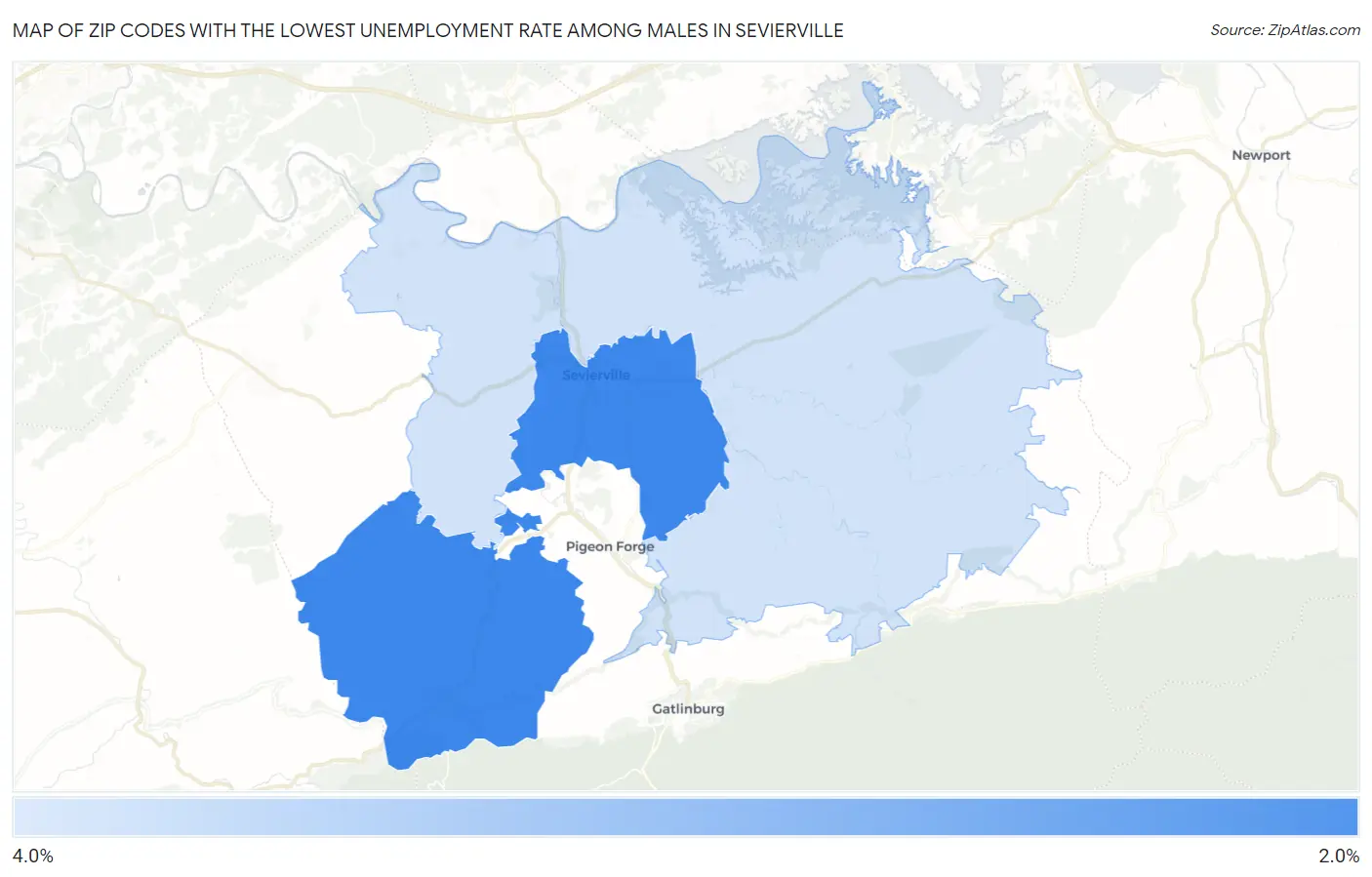 Zip Codes with the Lowest Unemployment Rate Among Males in Sevierville Map