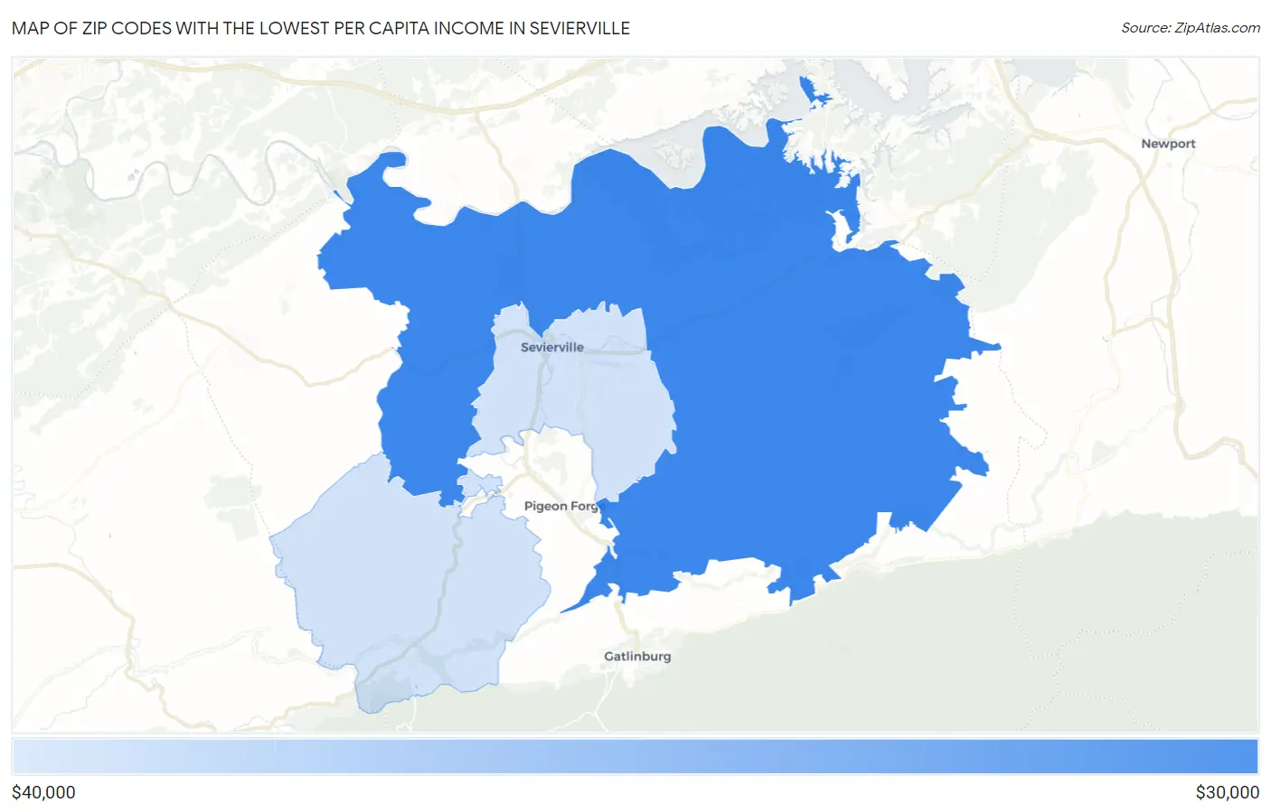 Zip Codes with the Lowest Per Capita Income in Sevierville Map