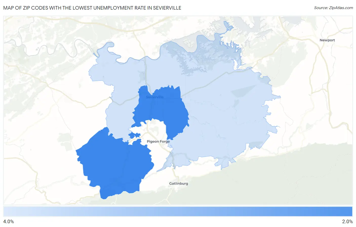 Zip Codes with the Lowest Unemployment Rate in Sevierville Map
