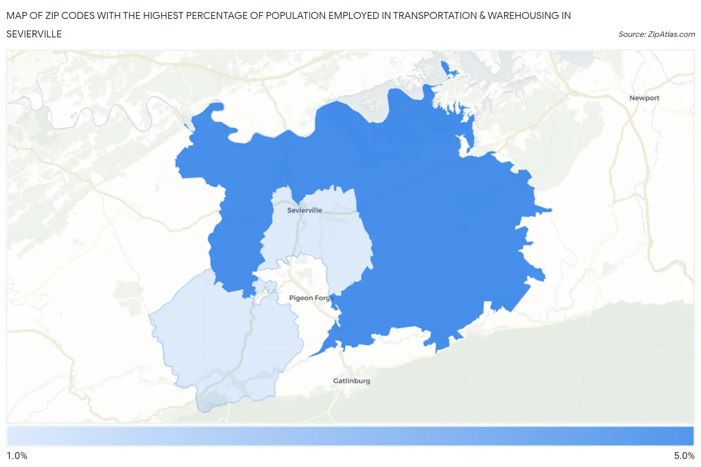 Zip Codes with the Highest Percentage of Population Employed in Transportation & Warehousing in Sevierville Map