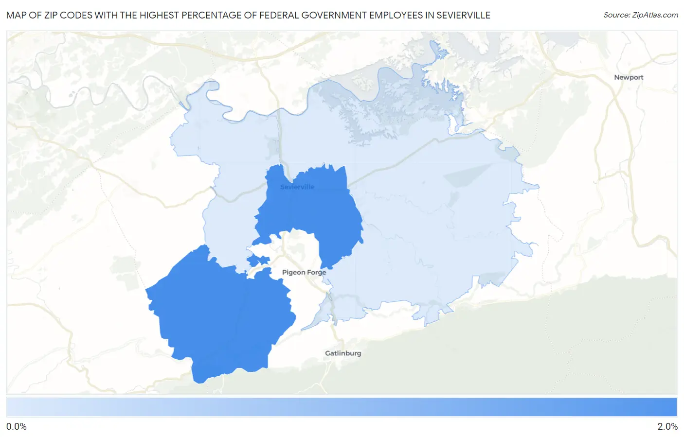 Zip Codes with the Highest Percentage of Federal Government Employees in Sevierville Map