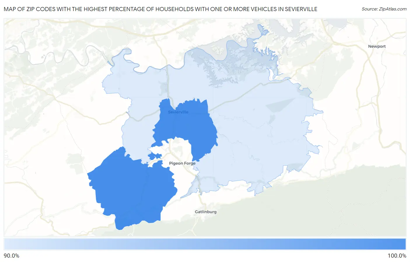 Zip Codes with the Highest Percentage of Households With One or more Vehicles in Sevierville Map