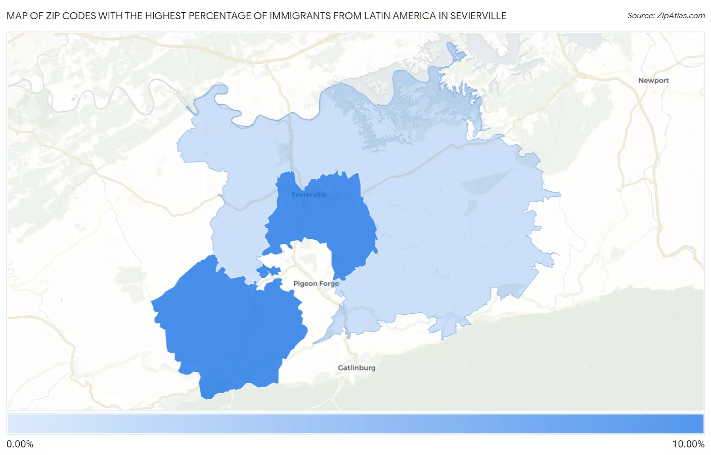 Zip Codes with the Highest Percentage of Immigrants from Latin America in Sevierville Map