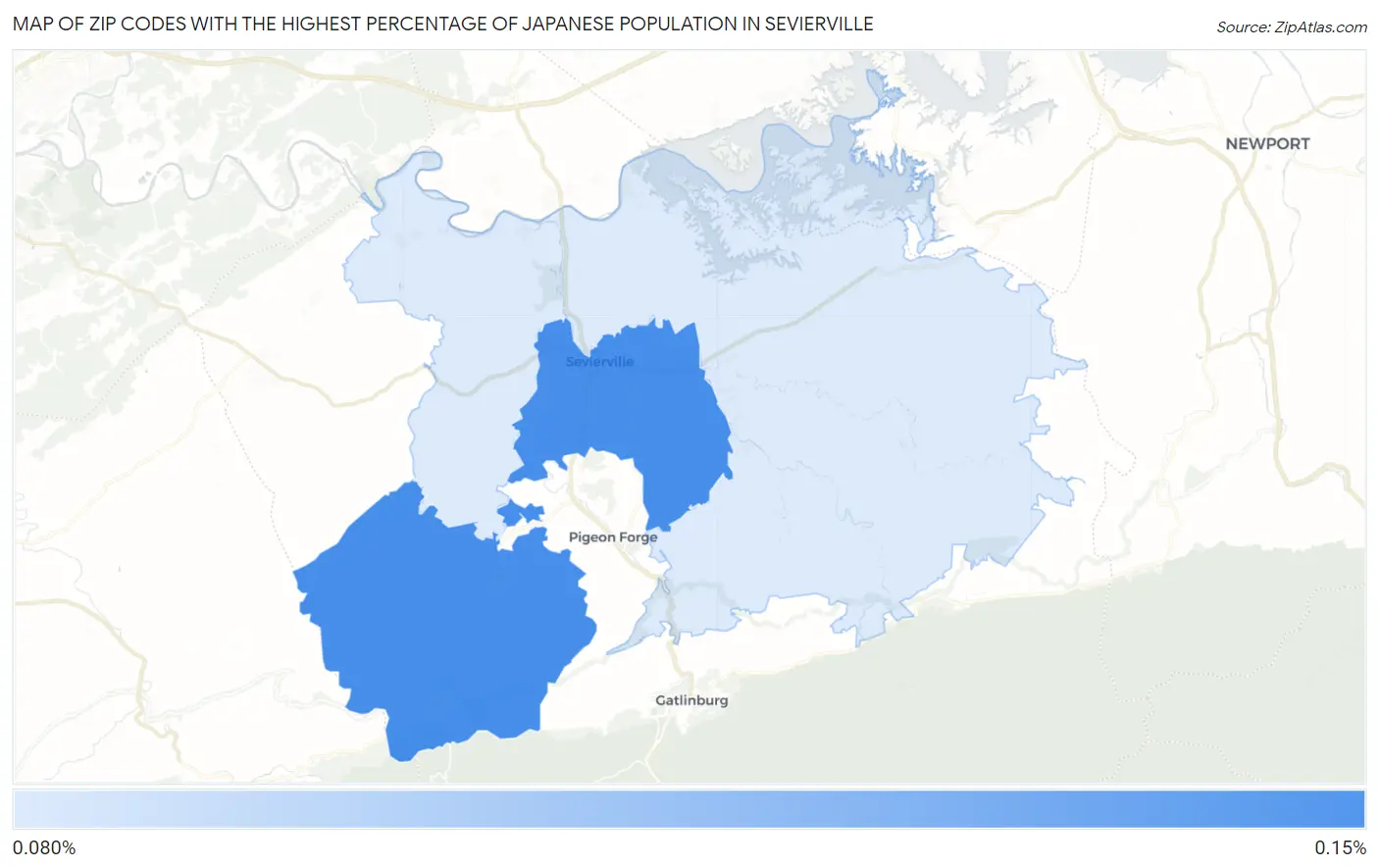 Zip Codes with the Highest Percentage of Japanese Population in Sevierville Map