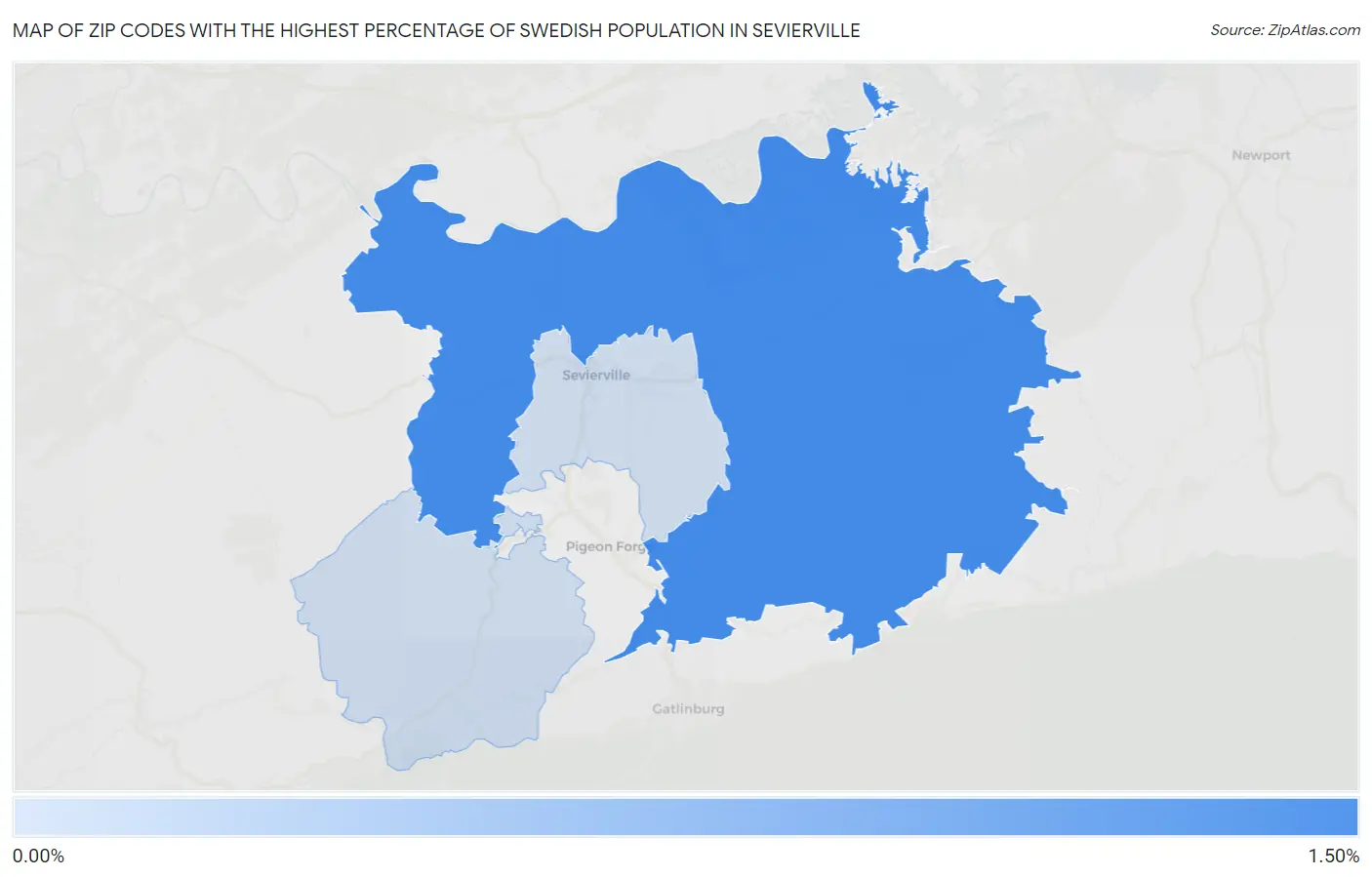Zip Codes with the Highest Percentage of Swedish Population in Sevierville Map