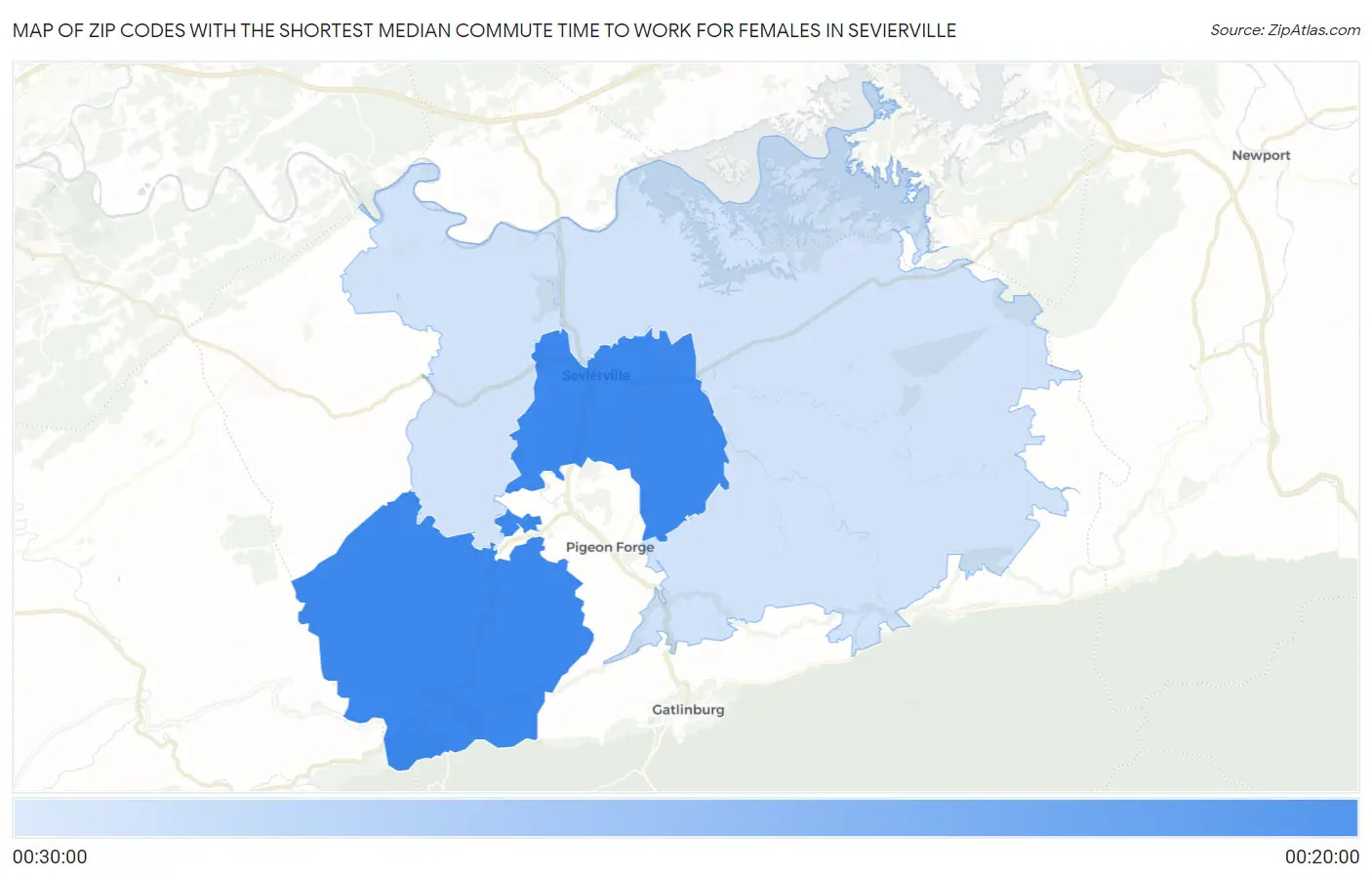 Zip Codes with the Shortest Median Commute Time to Work for Females in Sevierville Map