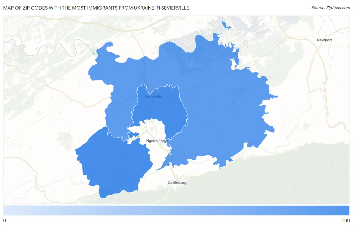 Zip Codes with the Most Immigrants from Ukraine in Sevierville Map