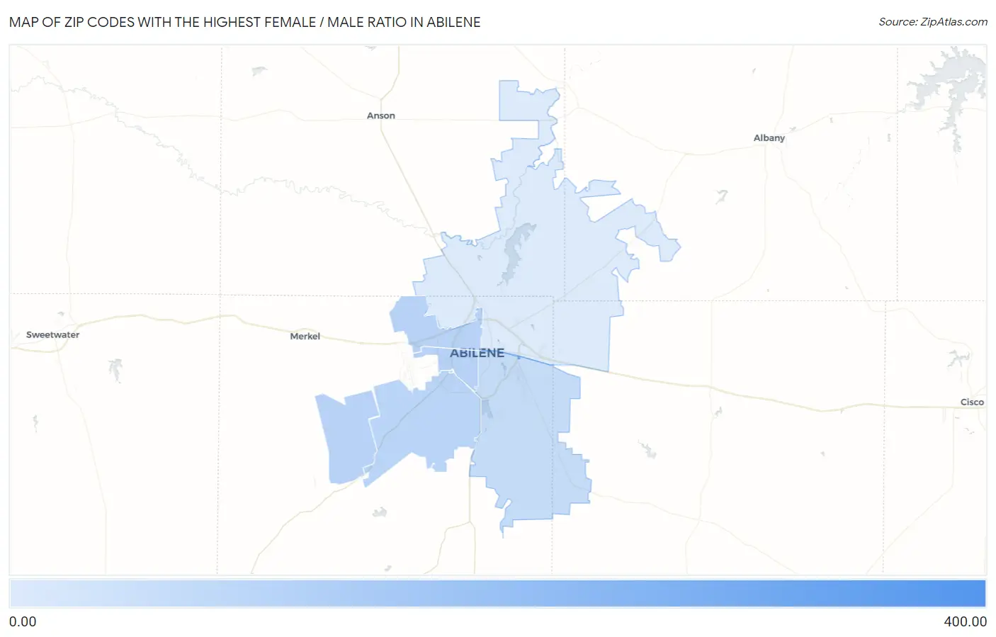 Zip Codes with the Highest Female / Male Ratio in Abilene Map