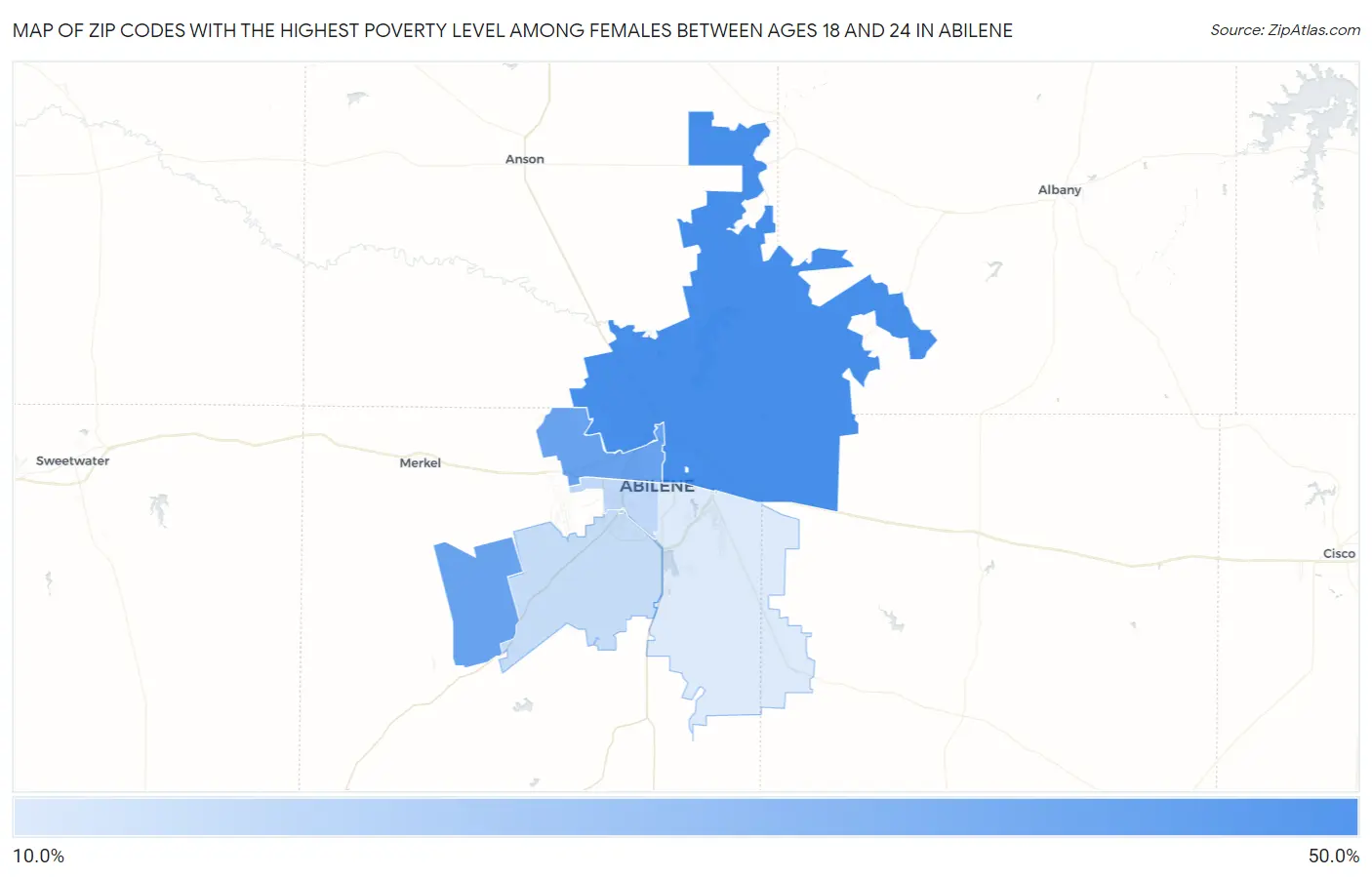 Zip Codes with the Highest Poverty Level Among Females Between Ages 18 and 24 in Abilene Map