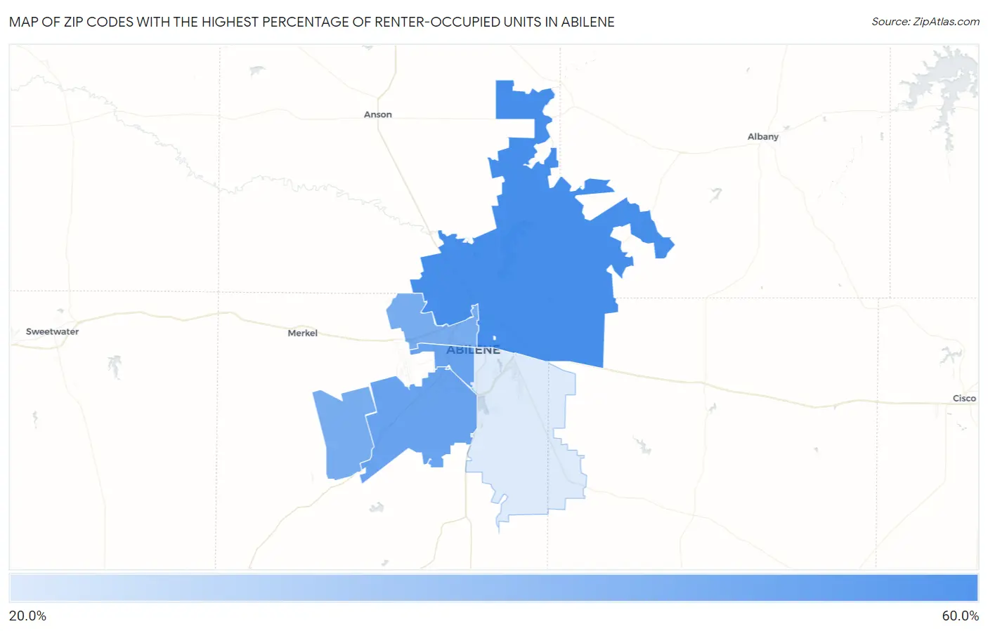 Zip Codes with the Highest Percentage of Renter-Occupied Units in Abilene Map
