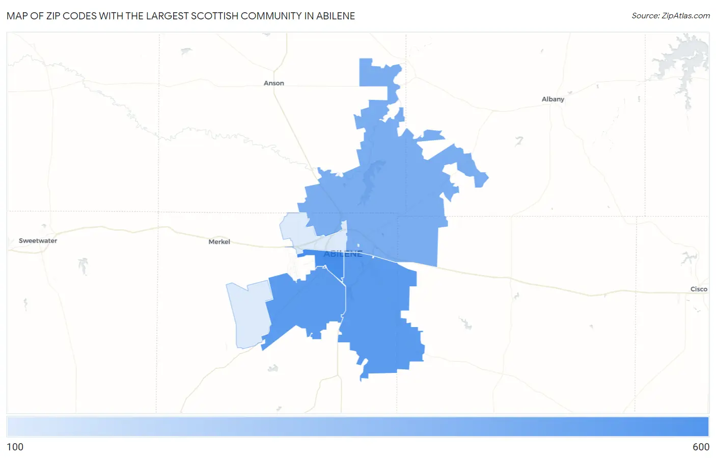 Zip Codes with the Largest Scottish Community in Abilene Map
