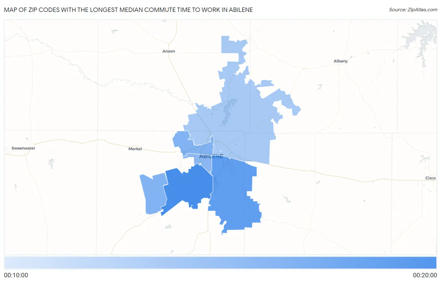 Zip Codes with the Longest Median Commute Time to Work in Abilene Map