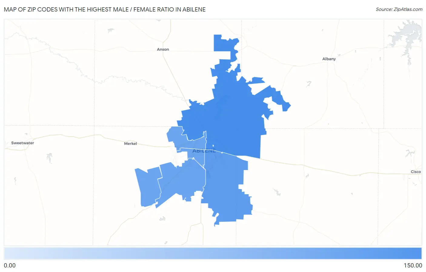 Zip Codes with the Highest Male / Female Ratio in Abilene Map