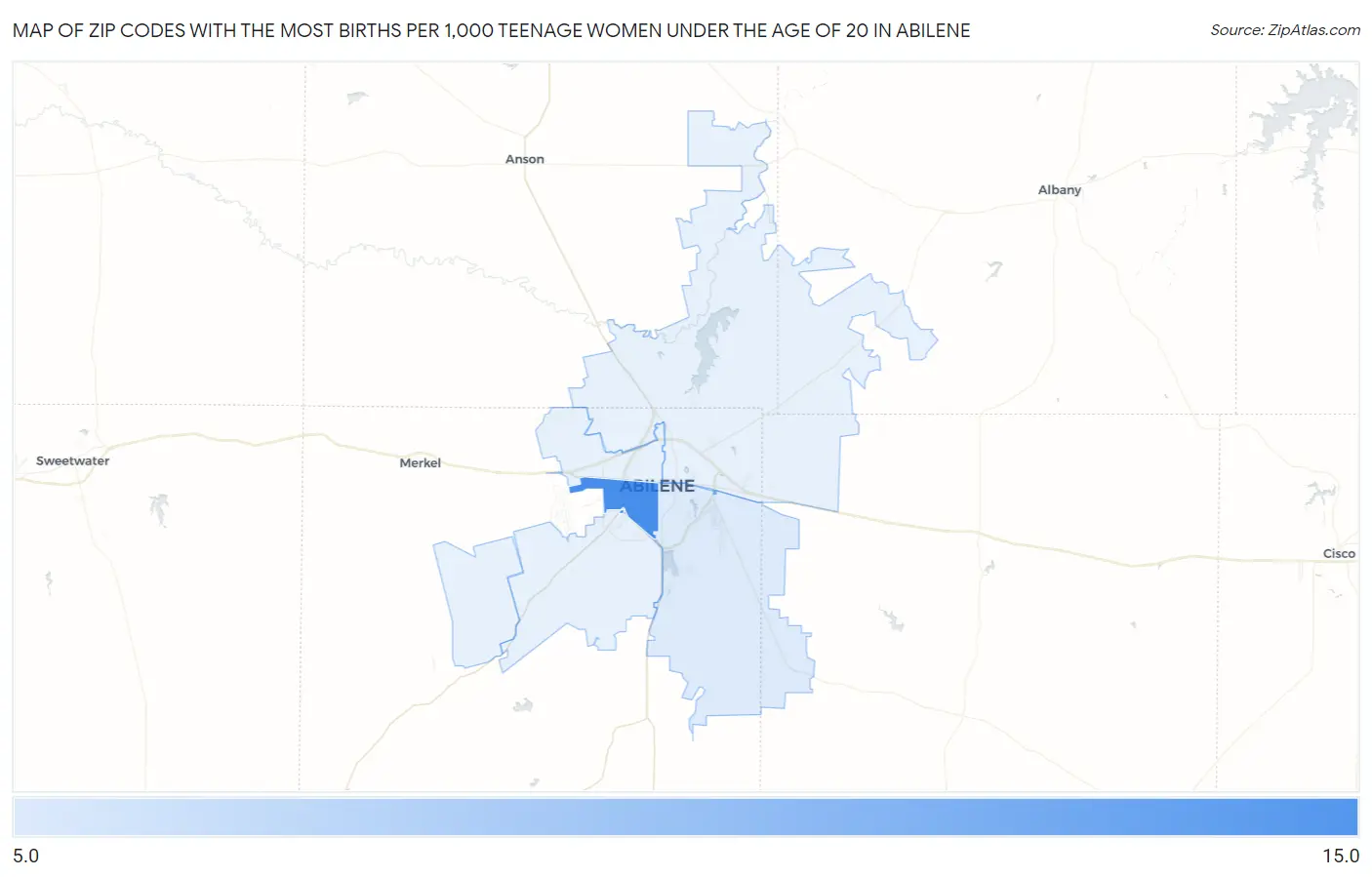 Zip Codes with the Most Births per 1,000 Teenage Women Under the Age of 20 in Abilene Map