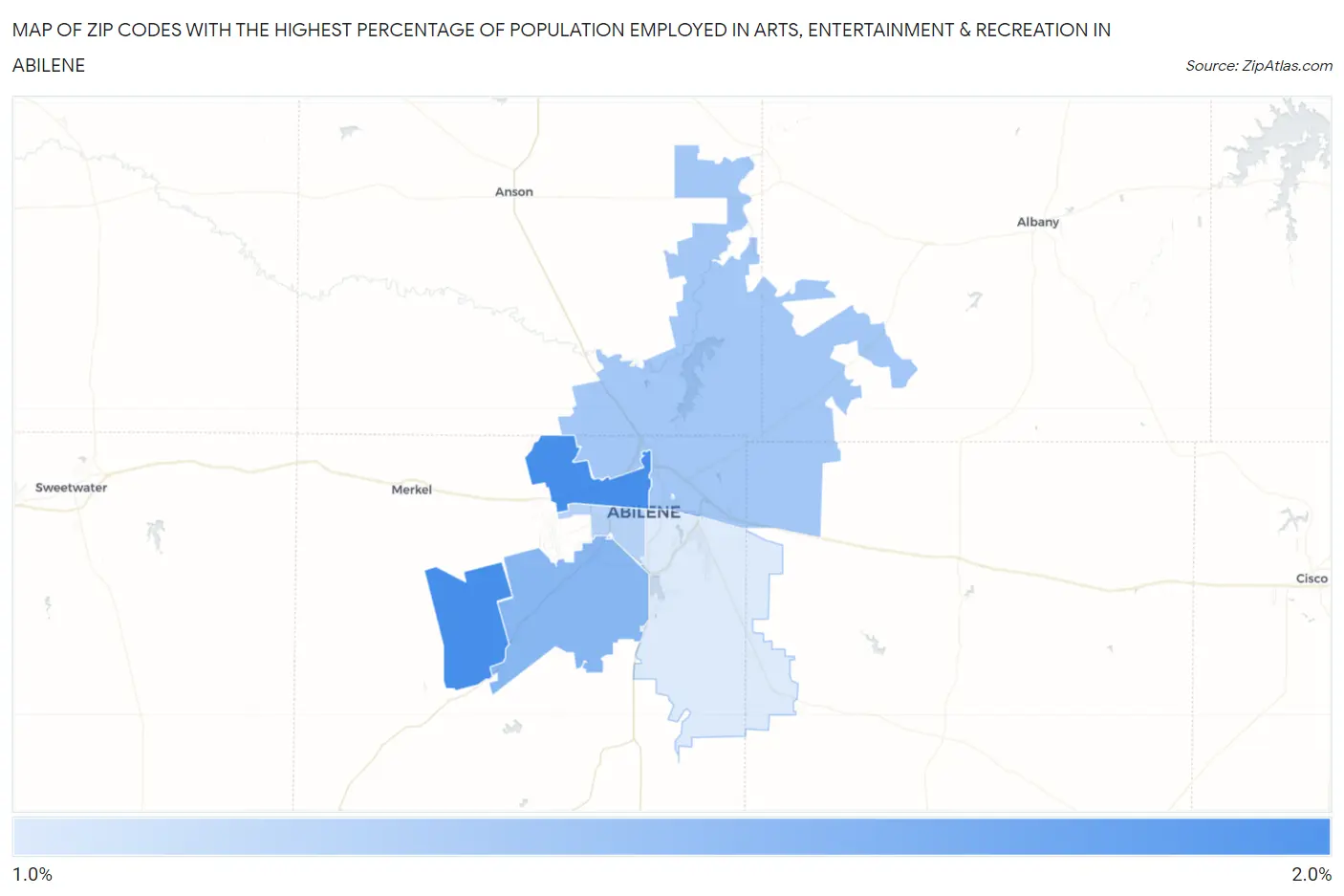 Zip Codes with the Highest Percentage of Population Employed in Arts, Entertainment & Recreation in Abilene Map