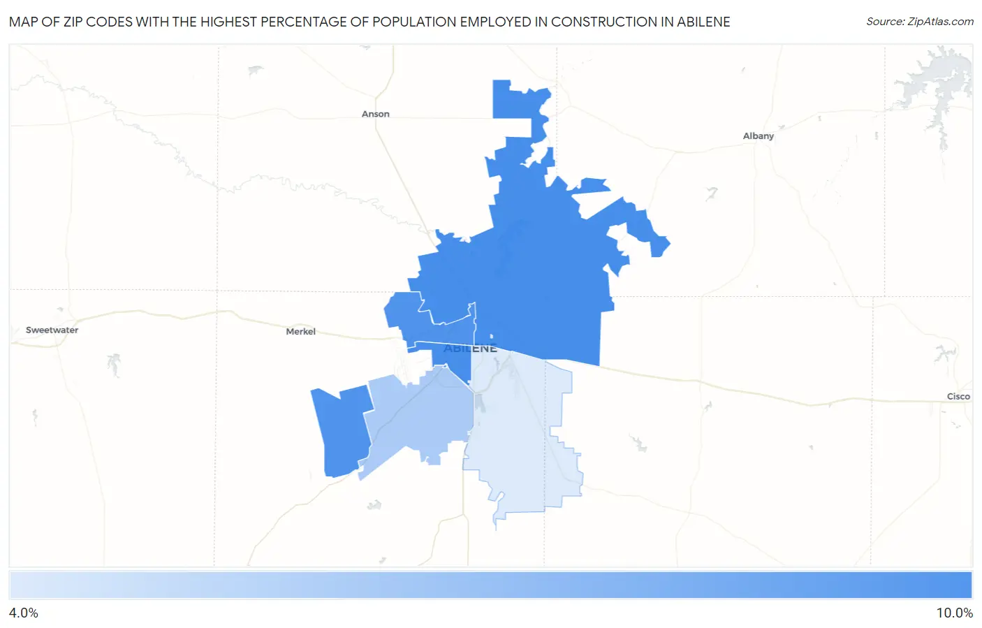 Zip Codes with the Highest Percentage of Population Employed in Construction in Abilene Map
