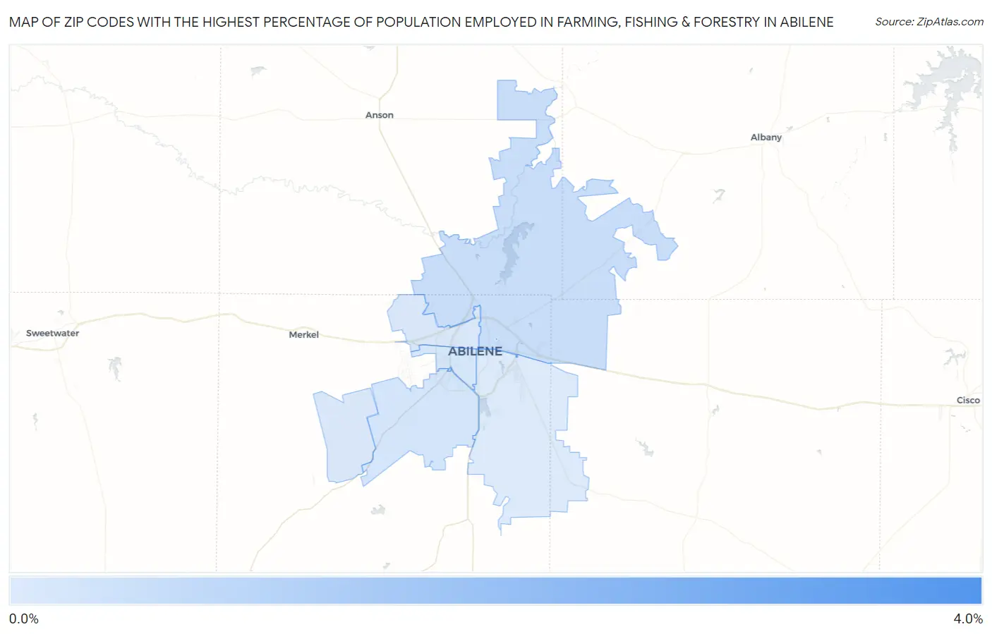Zip Codes with the Highest Percentage of Population Employed in Farming, Fishing & Forestry in Abilene Map