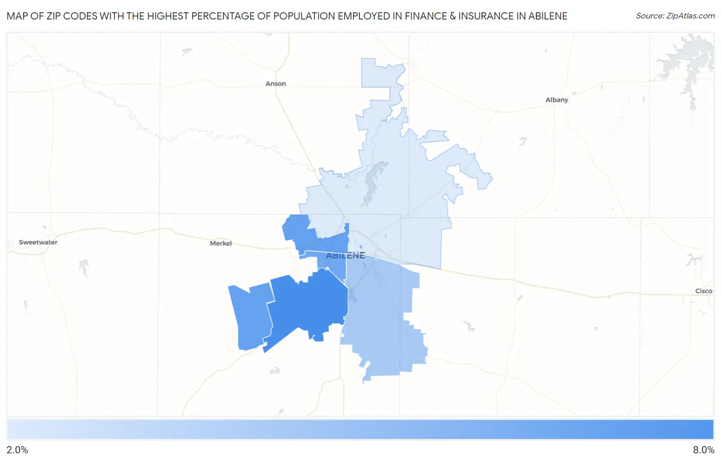 Zip Codes with the Highest Percentage of Population Employed in Finance & Insurance in Abilene Map