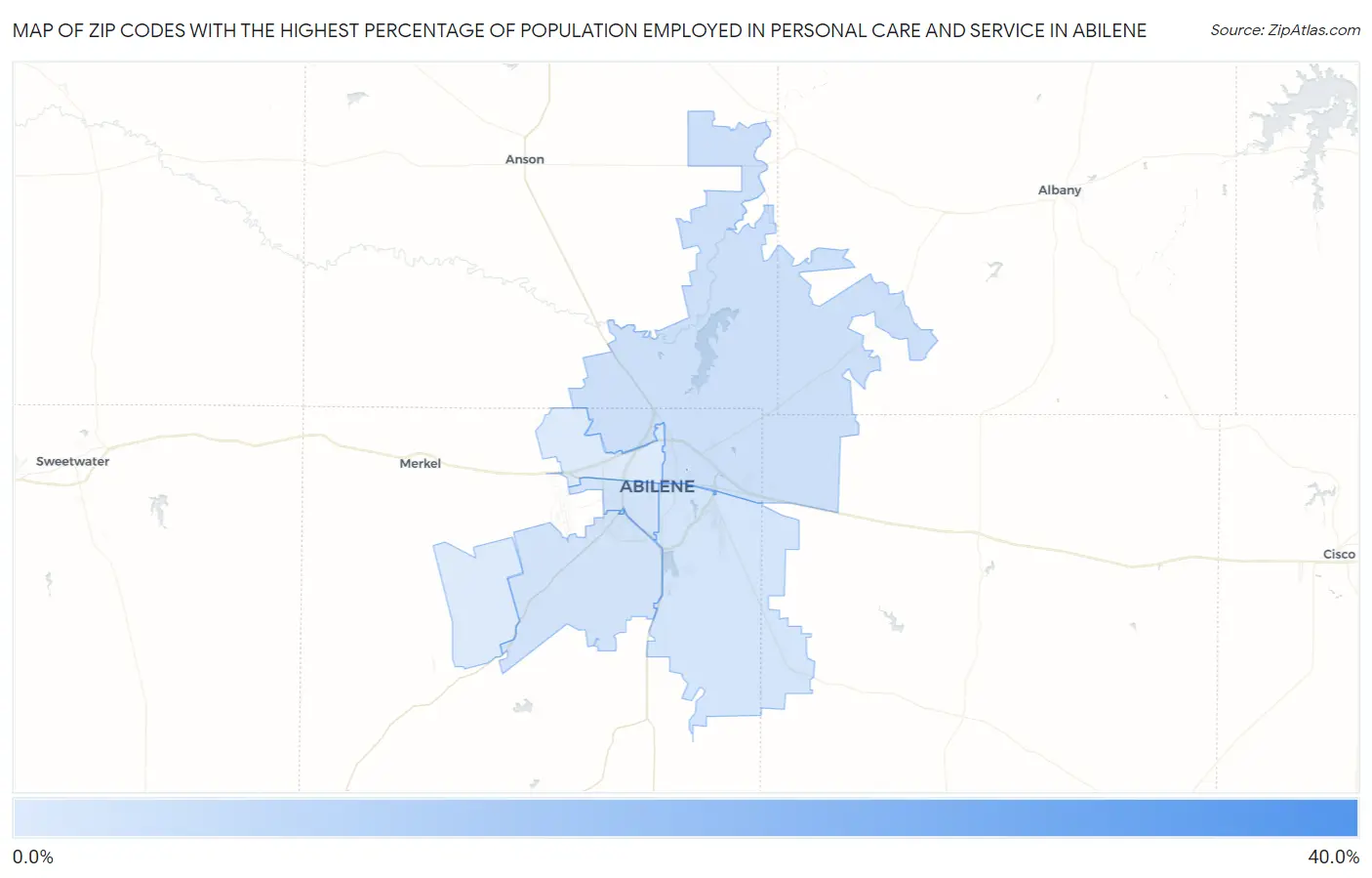 Zip Codes with the Highest Percentage of Population Employed in Personal Care and Service in Abilene Map