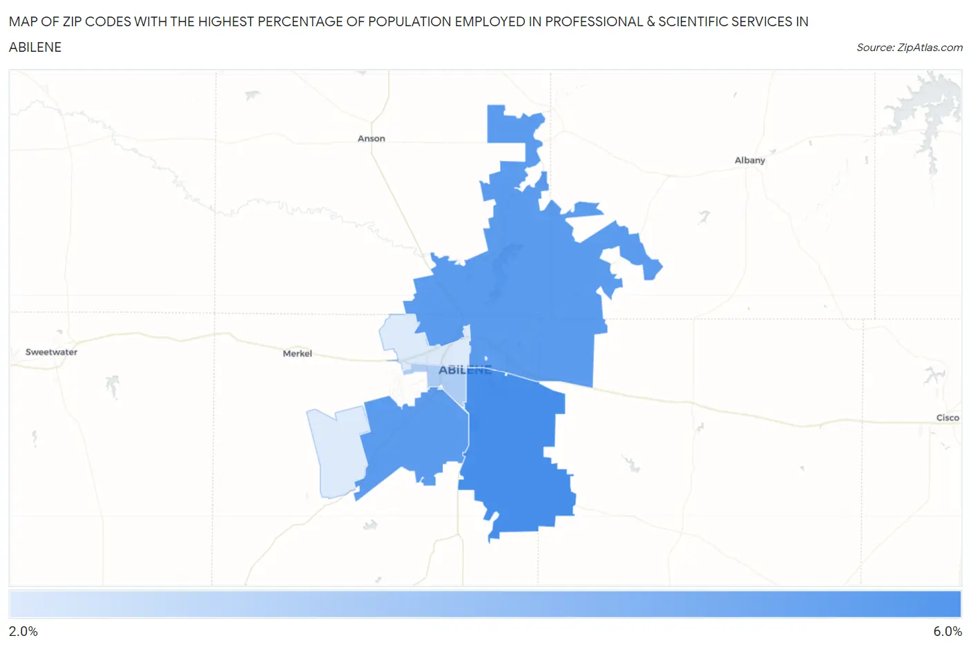 Zip Codes with the Highest Percentage of Population Employed in Professional & Scientific Services in Abilene Map