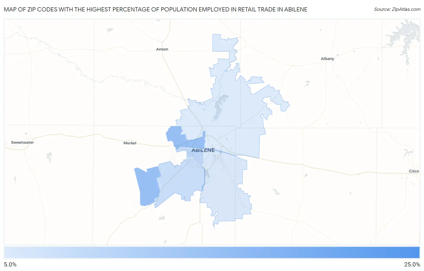 Zip Codes with the Highest Percentage of Population Employed in Retail Trade in Abilene Map