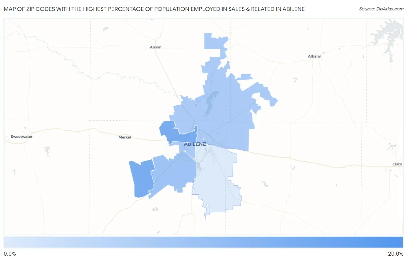 Zip Codes with the Highest Percentage of Population Employed in Sales & Related in Abilene Map