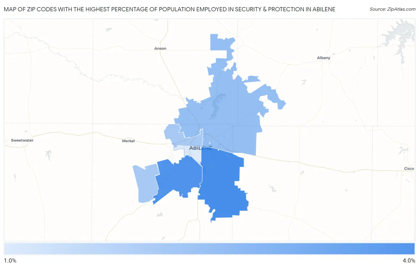 Zip Codes with the Highest Percentage of Population Employed in Security & Protection in Abilene Map