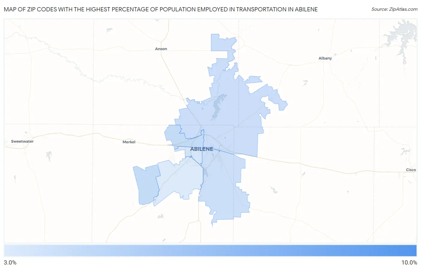 Zip Codes with the Highest Percentage of Population Employed in Transportation in Abilene Map