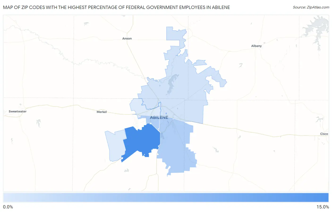 Zip Codes with the Highest Percentage of Federal Government Employees in Abilene Map